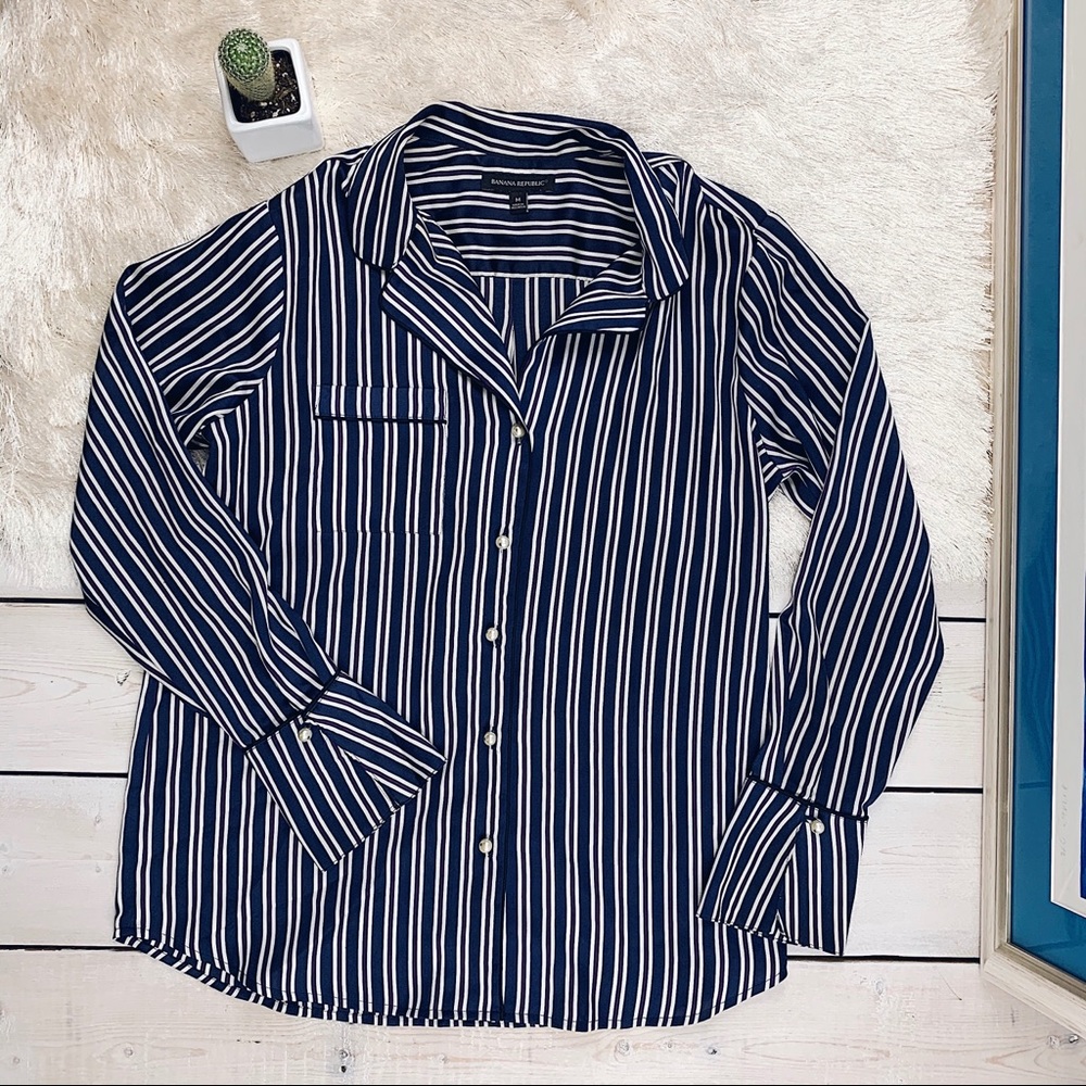 Banana Republic | Navy & Red Stripe Satin Blouse